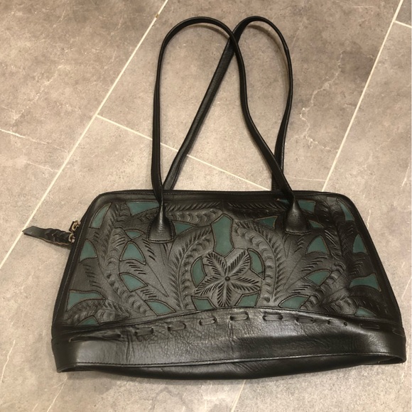 Leaders in Leather black tooled purse shoulder bag turquoise blue cowgirl - Picture 2 of 12